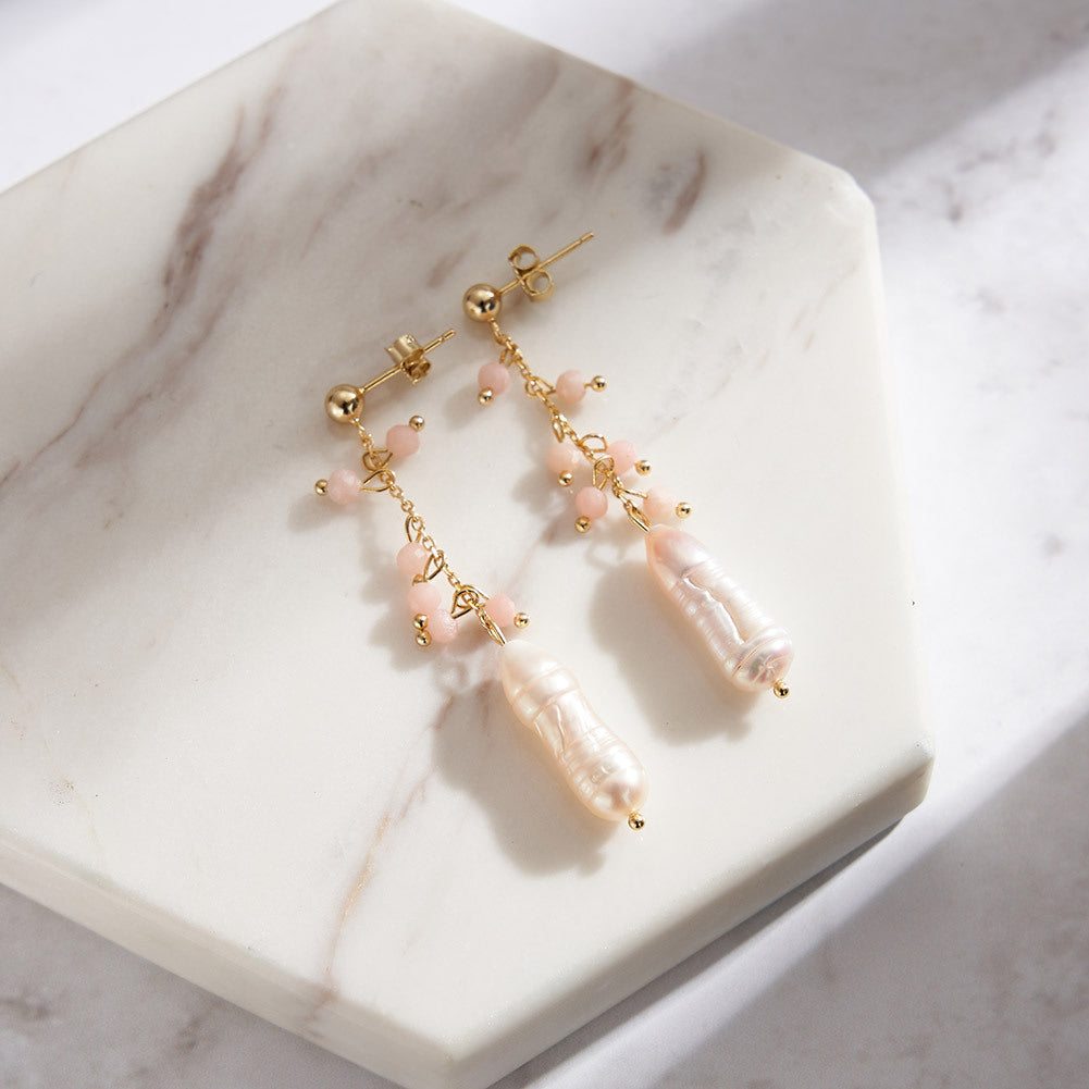 Gold Stud Dangle Earrings, Pink Jade Vine Branch Chain & Large Elongated Baroque Freshwater Pearl, Elegant Long Taper Pearl Tassel Earrings