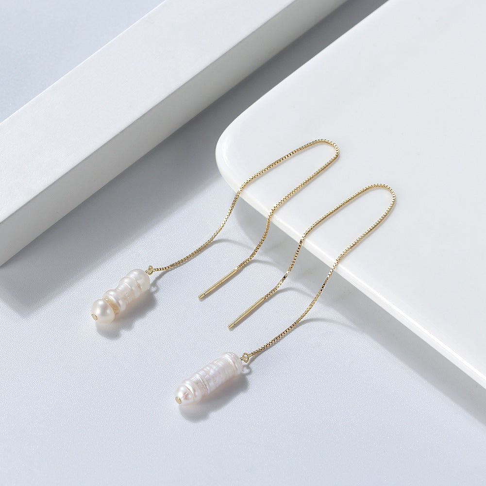 S925 Sterling Silver Threader Stacked Baroque Pearl Earrings, Unique Sculptural Irregular Baroque Freshwater Pearl on Slim Box Chain Threader
