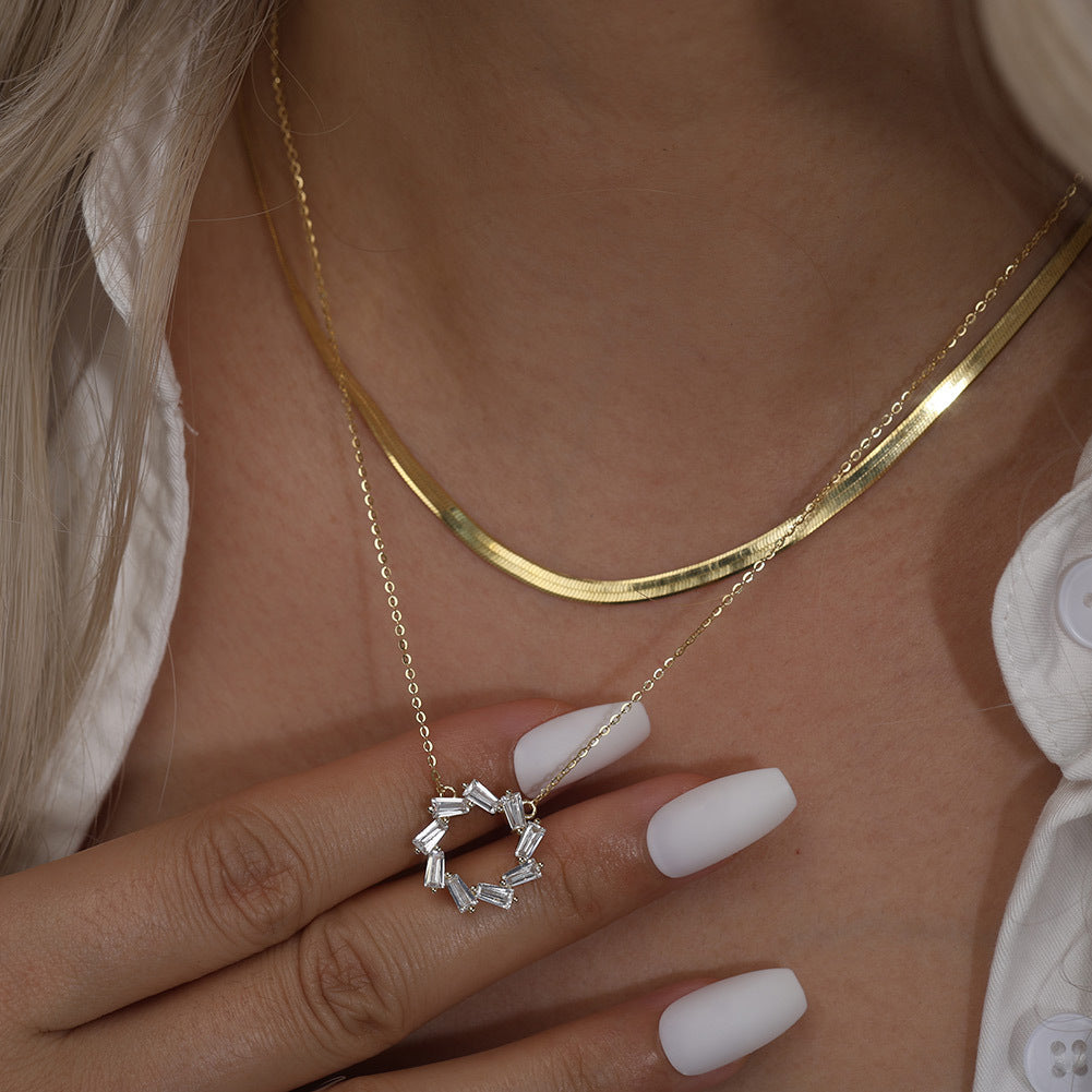 Silver Stainless Steel Baguette CZ Wreath Pendant Necklace, Rectangle Cut Cubic Zirconia Hollow Circle Charm Cable Chain
