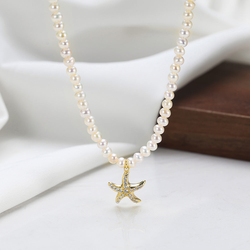 Mini Rice Freshwater Pearl Choker Necklace, Lustrous White Tiny Pearls with Paved Cubic Zirconia Starfish Pendant S925 Silver Chain