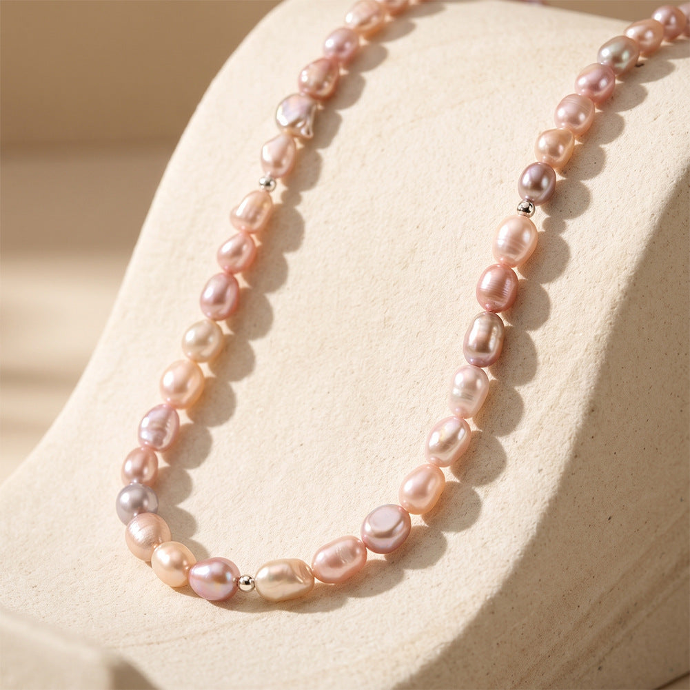 Soft Pink Iridescent Baroque Freshwater Pearl Full Strand Necklace, Pastel Pink Organic Shape Pearls S925 Silver Chain