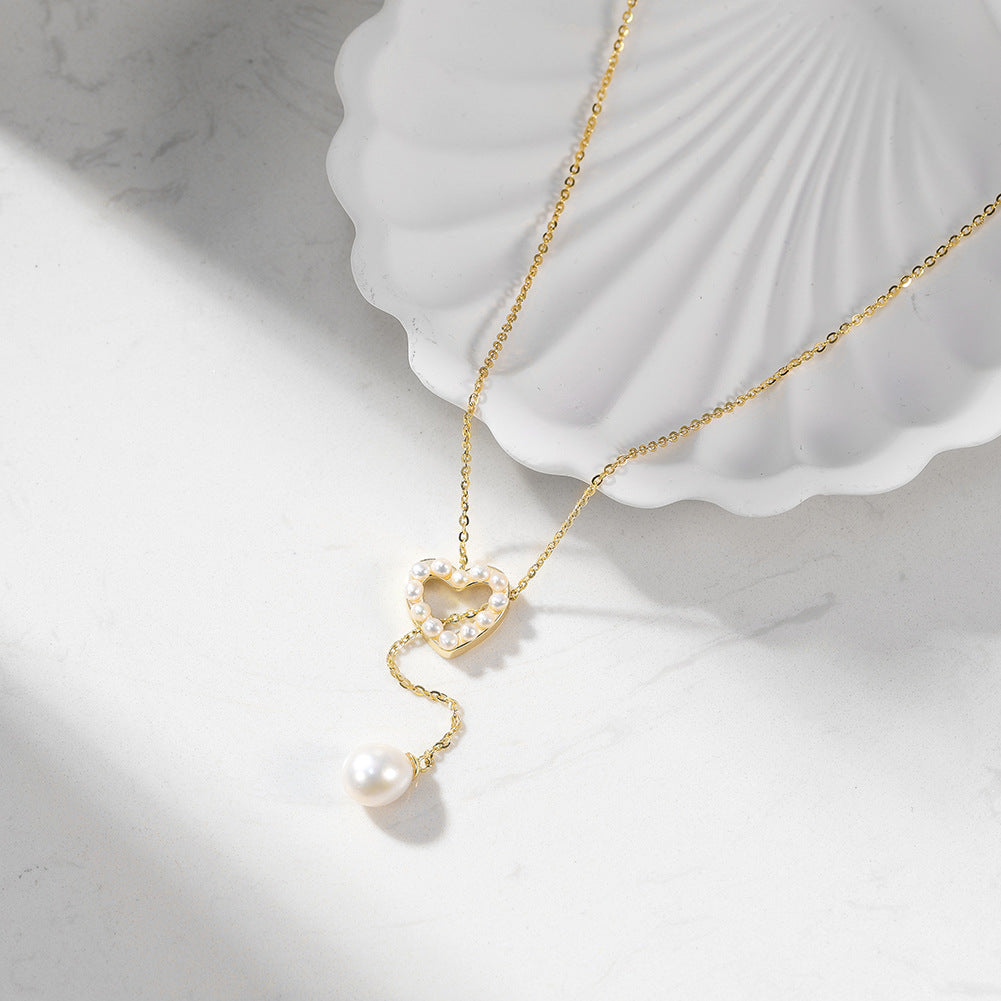 Hollow Heart Freshwater Pearl Lariat Necklace, Mini Pearls Set in Heart Frame with Teardrop Pearl Drop Pendant S925 Silver Chain