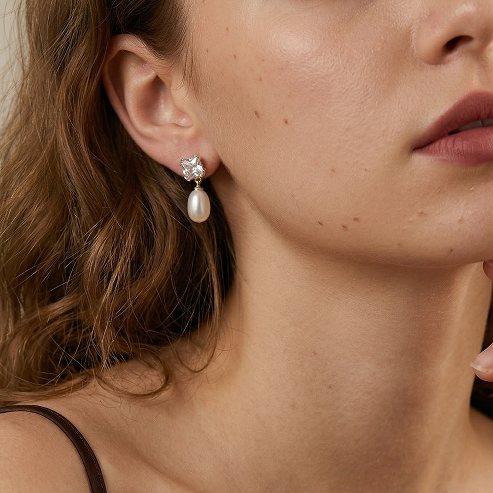 S925 Sterling Silver Cushion Cut CZ & Oval Freshwater Pearl Drop Earrings, Sparkling Square Cubic Zirconia Teardrop Pearl Earring Studs