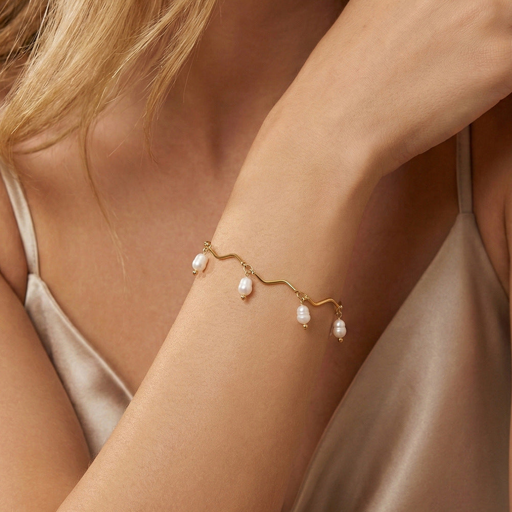 Silver Stainless Steel Wavy Tube Chain Bracelet, Dangling Baroque Imitation Pearl Charms, Adjustable Extension