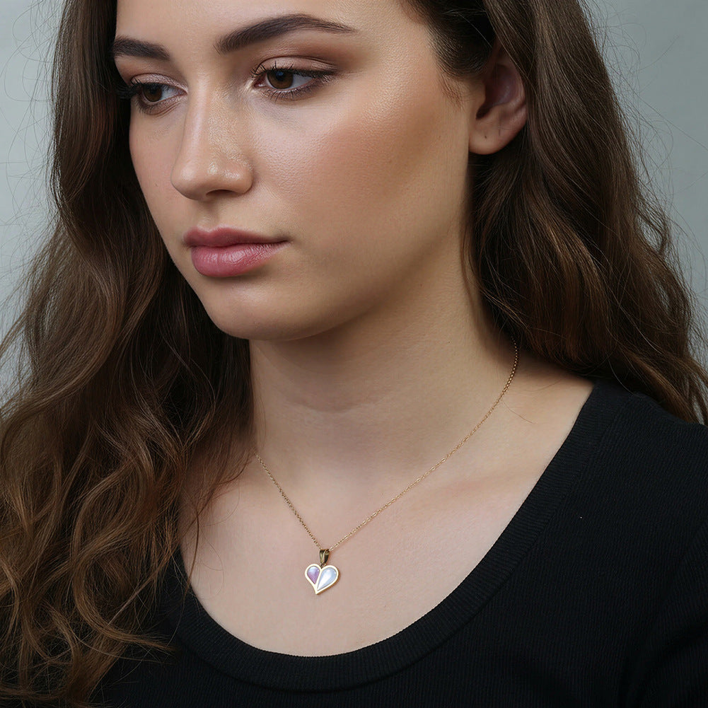 Gold Stainless Steel Rolo Chain Necklace, Split Two-Tone Pink & White Mother of Pearl Inlaid Heart Pendant