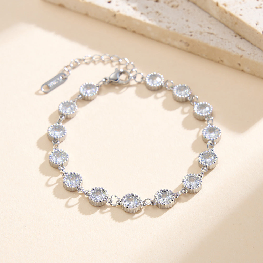 Gold Plated Stainless Steel Round Bezel CZ Bracelet, Milgrain Edge Cubic Zirconia Station Links, Adjustable Extension Chain