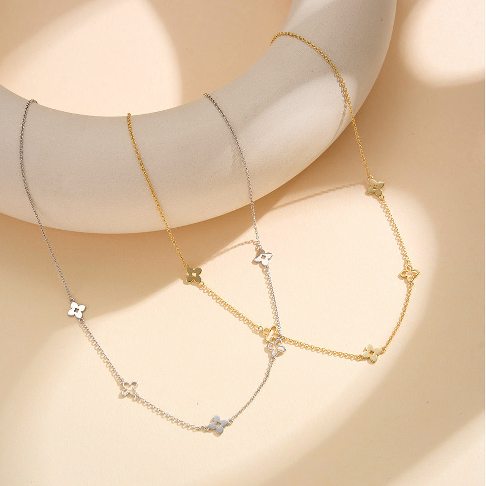 Stainless Steel Four Leaf Clover Station Necklace, Gold Plated Dainty Clover Charm Chain Necklace, Minimalist Floral Necklace for Ladies