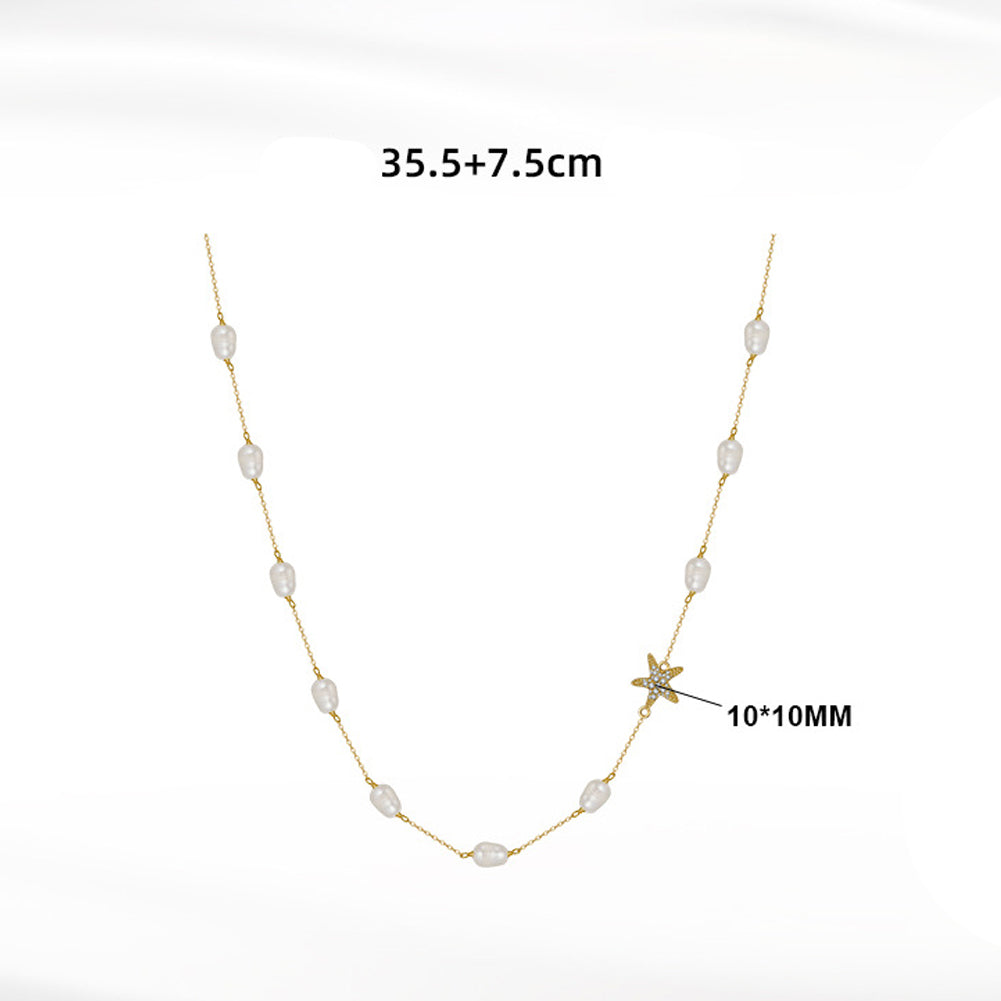 Gold Rice Pearl Starfish Station Necklace, Lustrous Irregular Rice Freshwater Pearls with Micro Pave CZ Starfish Charm