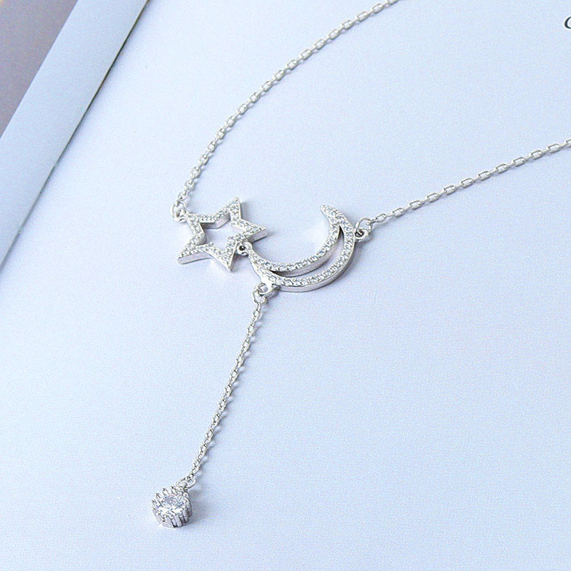 925 Sterling Silver Fashion Moon and Star Necklace