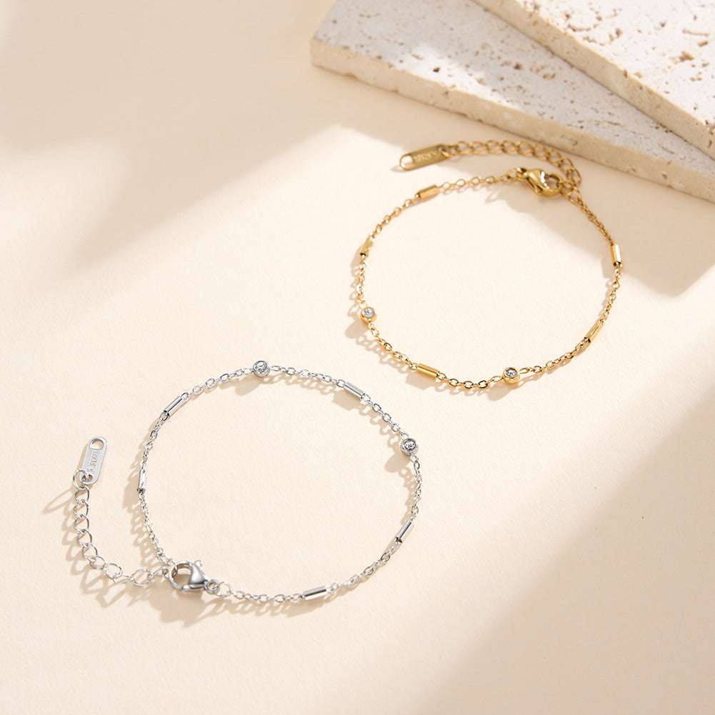 Gold Plated Stainless Steel Delicate Chain Bracelet, Tiny Tube Beads & 2 Round CZ Stones, Adjustable Extension Chain