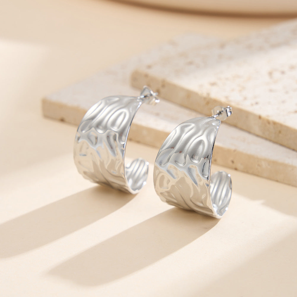 Gold Plated Stainless Steel Hammered Irregular Texture Wide C-Shaped Hoop Earrings