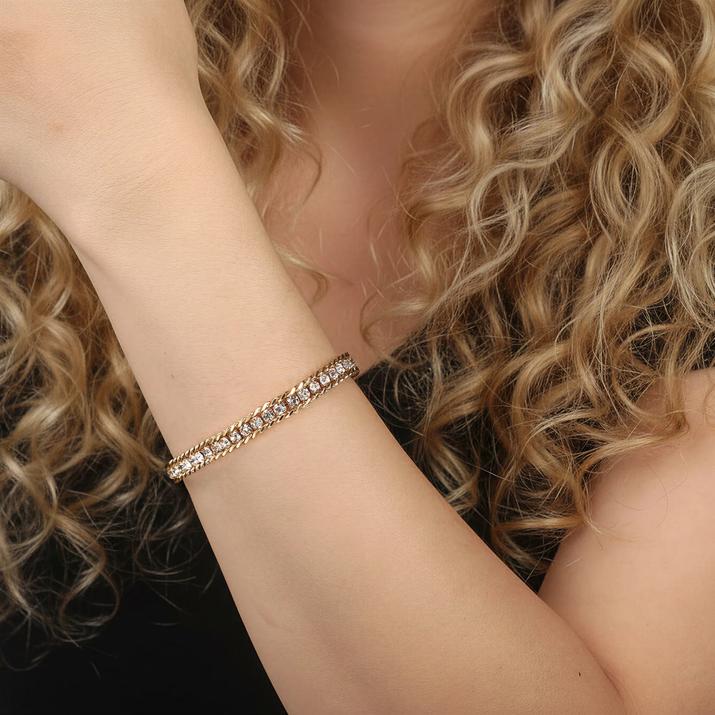 Silver Stainless Steel Double Row CZ Braided Bracelet, Inlaid Cubic Zirconia Woven Chain, Adjustable Extension