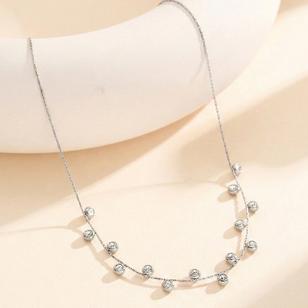 Gold Stainless Steel Bezel Set CZ Station Necklace, Round Cubic Zirconia Floating Dainty Cable Chain Necklace