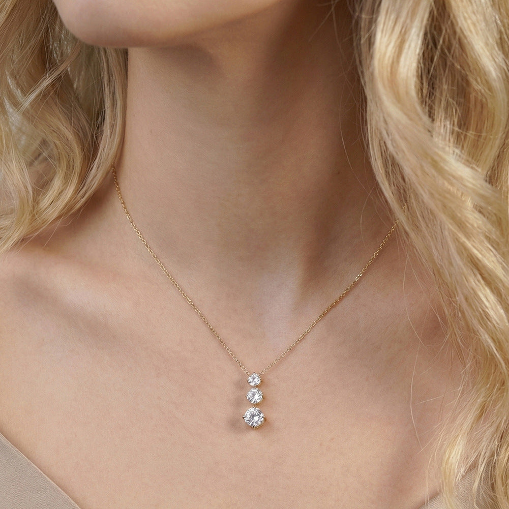 Silver Stainless Steel Graduated Round CZ Drop Necklace, Three Tier Size Increasing Round Cubic Zirconia Pendant Rolo Chain