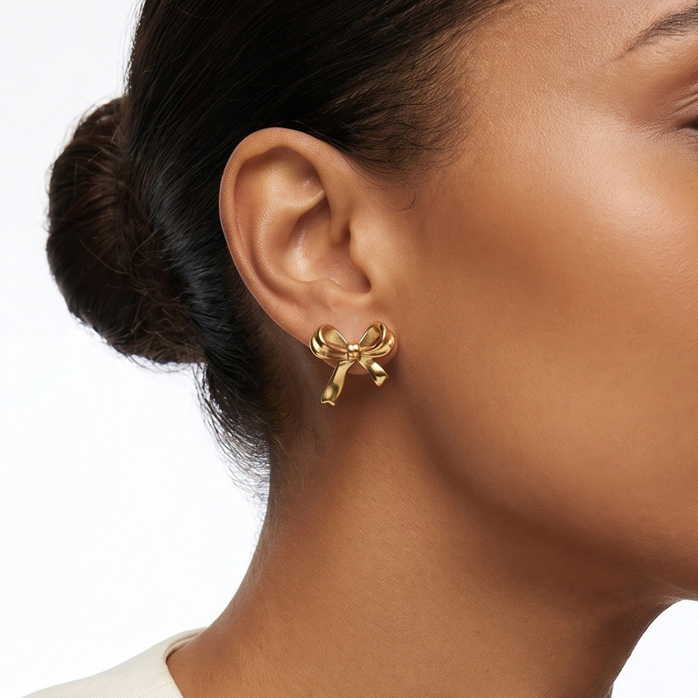 Gold Plated Stainless Steel Smooth Puffy Bow Stud Earrings