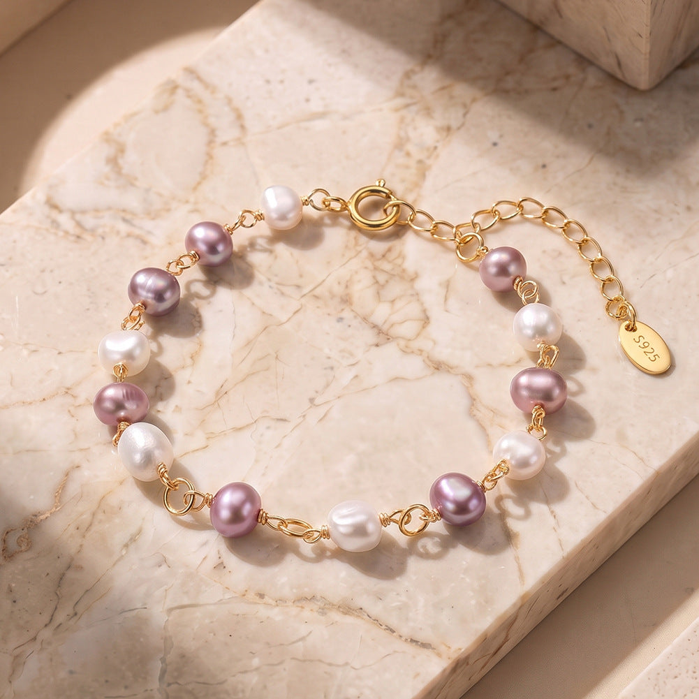 S925 Gold Plated Wire Wrapped Bracelet, Mixed White & Purple Oval Lustrous Freshwater Pearls, Open Link Chain, Adjustable Extension Chain