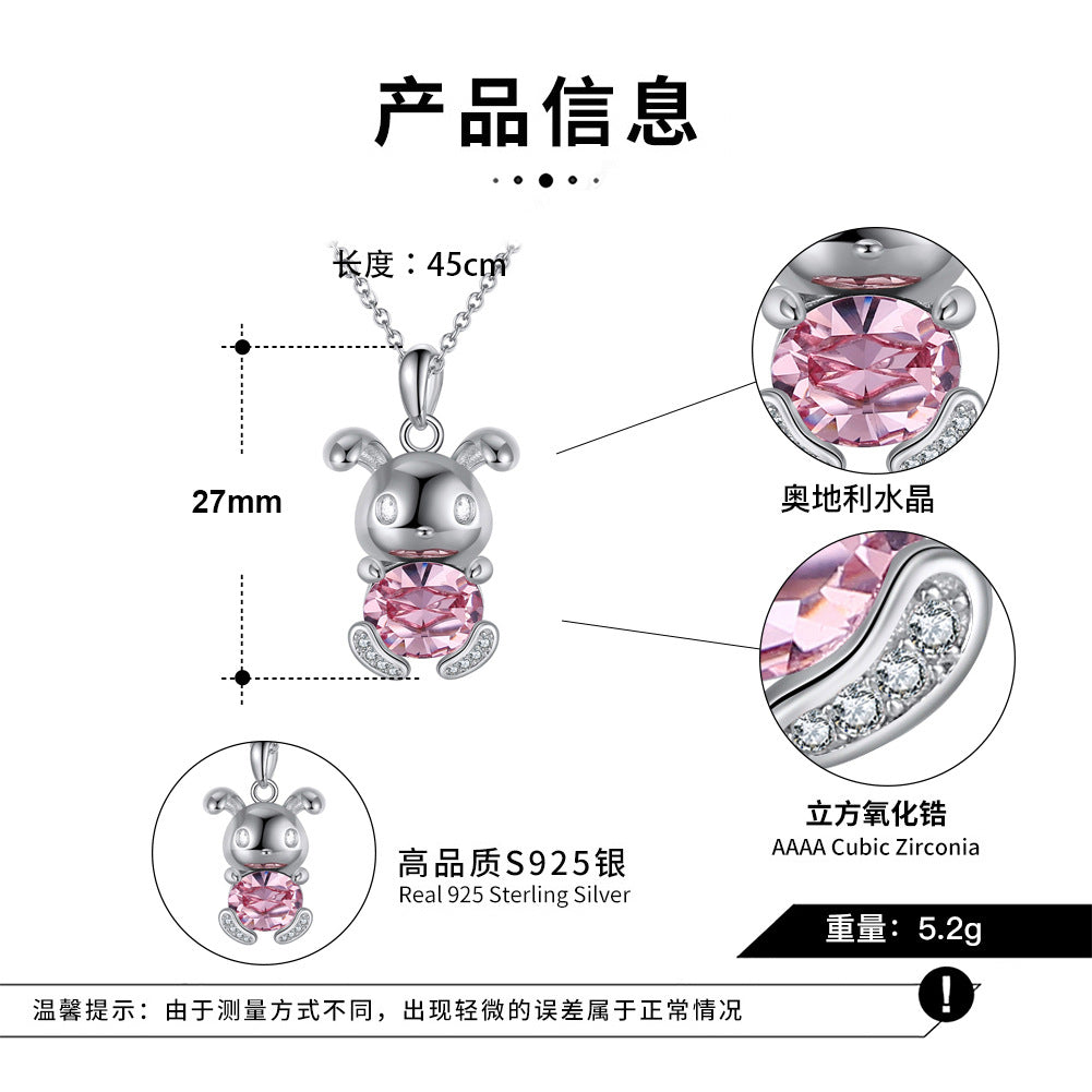 Silver Stainless Steel Cute Rabbit Pendant Necklace, Oval Pink CZ Inlaid Cartoon Bunny Charm Cable Chain