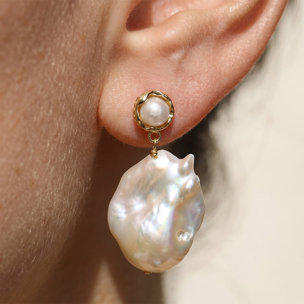 S925 Silver Stud Earrings, Small Round Freshwater Pearl Top with Large Flame Baroque Pearl Drop, Unique Irregular Baroque Pearl Dangle Earrings