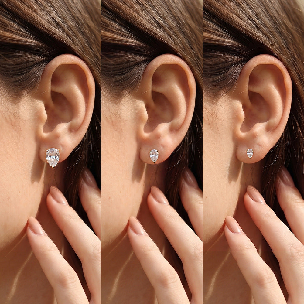 Gold Plated 316 Stainless Steel Stud Earrings, Pear Teardrop Cut Clear Cubic Zirconia Four Prong Setting