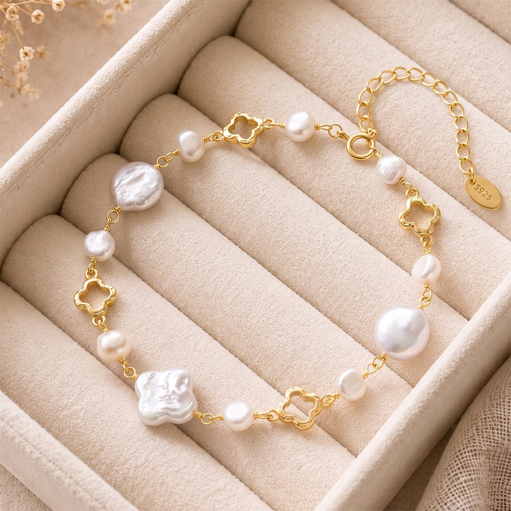 S925 Gold Plated Clover Link Bracelet, Mixed Lustrous Baroque Coin & Petal-shaped Freshwater Pearls, Hollow Four-leaf Clover Metal Links, Adjustable Extension Chain