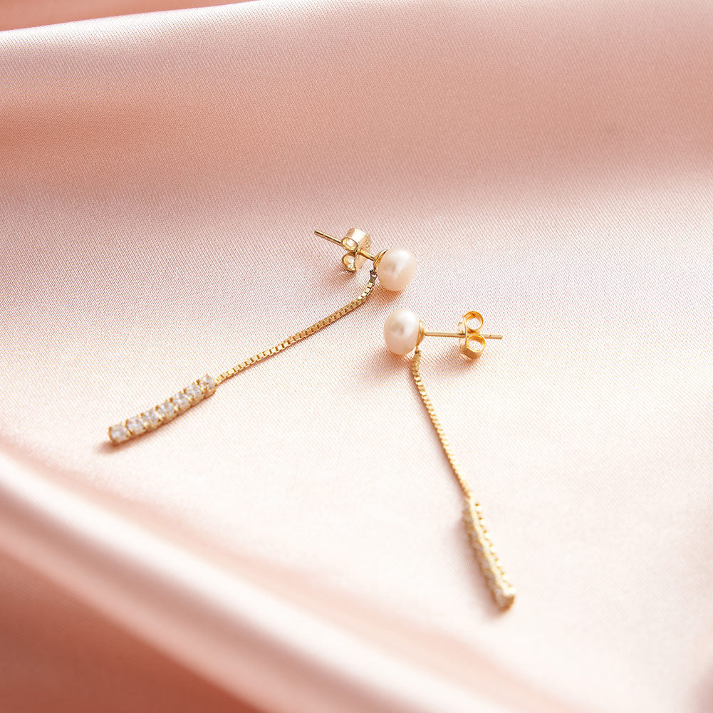 S925 Gold Plated Long Box Chain Pearl Threader Earrings, Single Large Round Lustrous Freshwater Pearl with Vertical CZ Drop Tassel