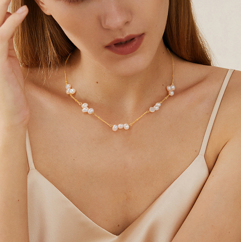 925 Sterling Silver Natural Pearl Necklace Fashion Jewelry Gift for Women Girls