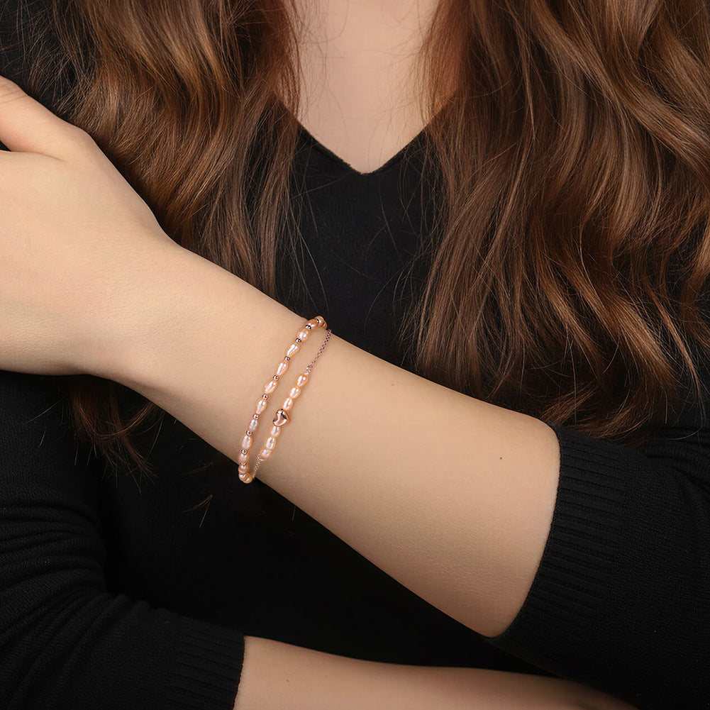 S925 Sterling Silver Dainty Chain Bracelet, Soft Peach Baroque Rice Freshwater Pearls with 3D Solid Heart Charm, Adjustable Extension Chain