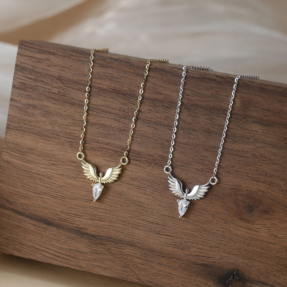 Stainless Steel Angel Wing Necklace, Pear Cut CZ Pendant Necklace, Gold Plated Wing Choker, Dainty Teardrop Crystal Necklace for Women