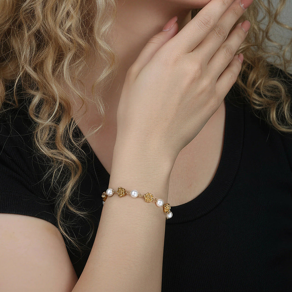 Silver Stainless Steel Rose & Imitation Pearl Bracelet, 3D Metal Rose Charms Alternating with Round Pearls, Adjustable