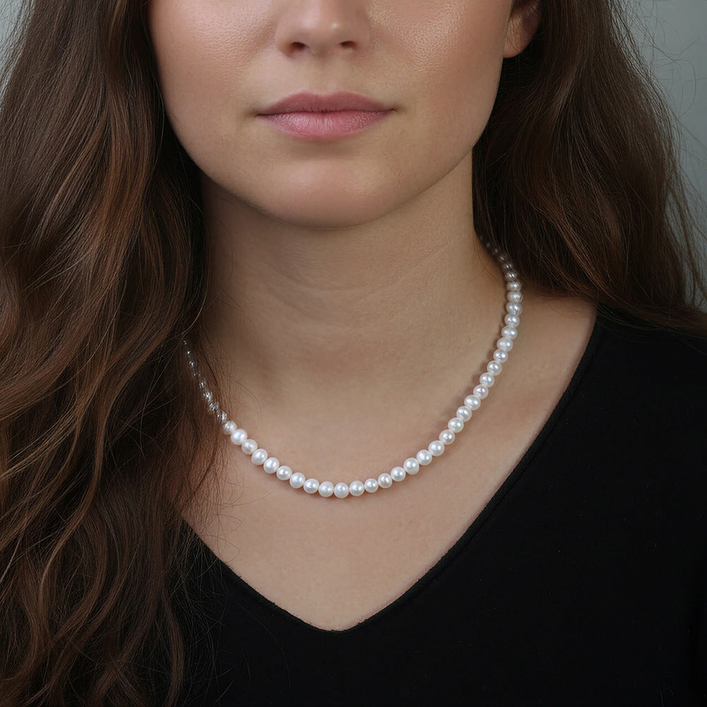 Graduated Lustrous White Freshwater Pearl Full Strand Necklace, Irregular Cultured Pearls S925 Silver Adjustable Chain