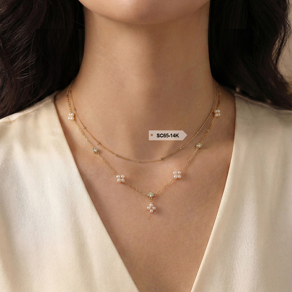 Flower Cluster Freshwater Pearl Station Necklace, Tiny Lustrous White Pearl Flower Accents with Cubic Zirconia S925 Silver Chain