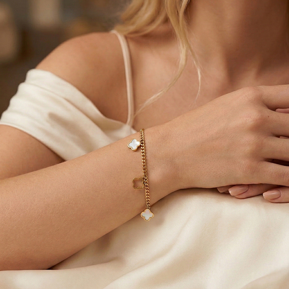 Gold Plated Stainless Steel Curb Chain Bracelet, Hollow Clover Charms with White Mother of Pearl Inlay