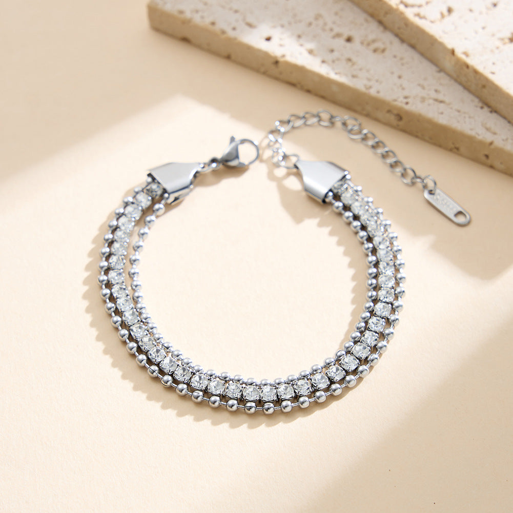 Silver Stainless Steel Multi Strand Beaded Bracelet, Layered Round Ball Beads with Inlaid CZ Stones, Adjustable Extension