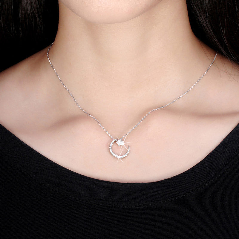 Silver Stainless Steel Moon and Star CZ Necklace, Pave Clear Cubic Zirconia Crescent Moon & Star Pendant Necklace