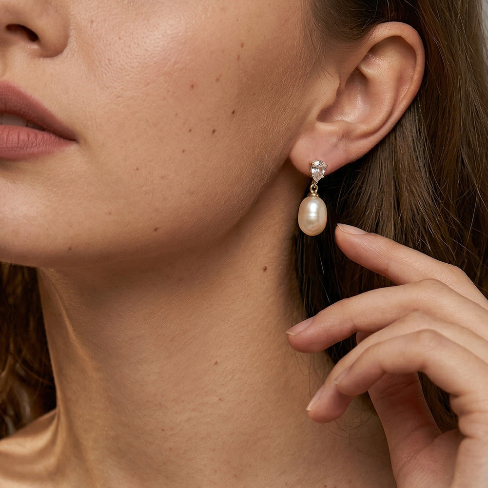 S925 Sterling Silver Pear Cut CZ Teardrop Freshwater Pearl Dangle Earrings, Pear Shape Cubic Zirconia with Lustrous Drop Pearl Earrings