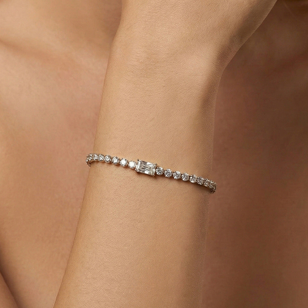 Gold Plated Stainless Steel Rectangle CZ Tennis Bracelet, Baguette Cut Cubic Zirconia Center Stone, Adjustable Extension