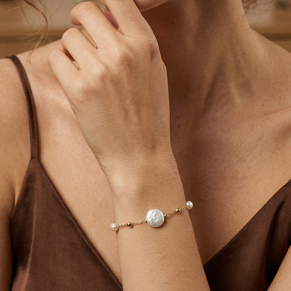 S925 Sterling Silver Bracelet, Large Coin Freshwater Pearls & Oval Rice Pearls with Silver Ball Spacers, Delicate Cable Chain, Adjustable Extension Chain