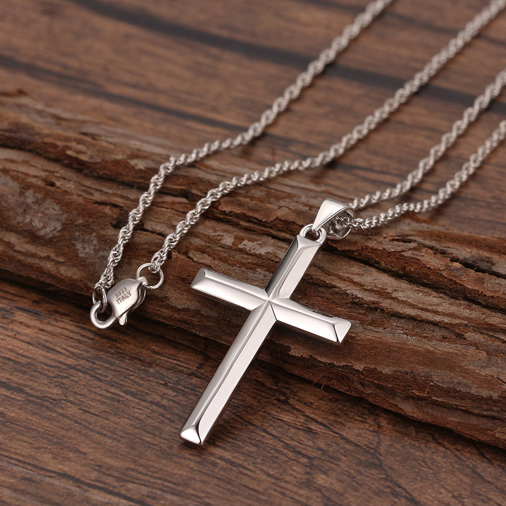 Gold Stainless Steel Polished Cross Pendant Necklace, 3D Grooved Cross Charm on Black Rubber Cord