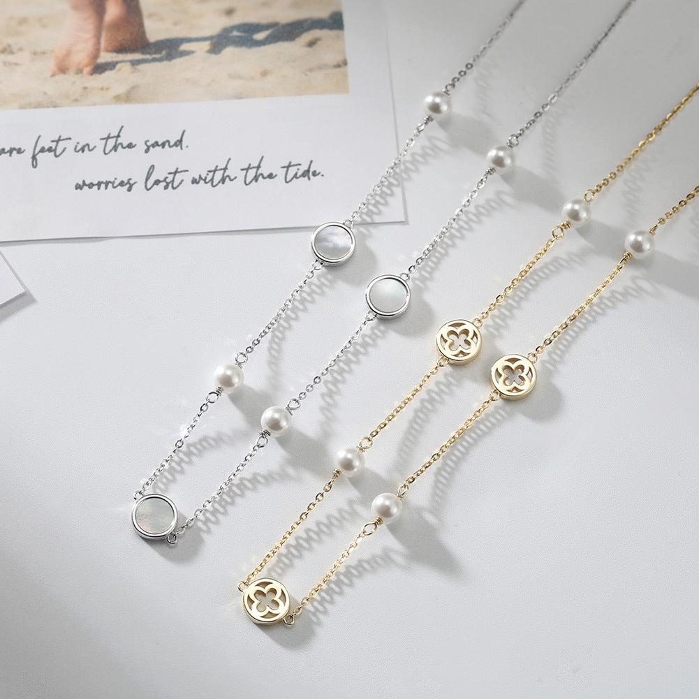 Silver Clover & Pearl Station Necklace, Hollow Four Leaf Clover Mother of Pearl Inlay with Lustrous Round Freshwater Pearls