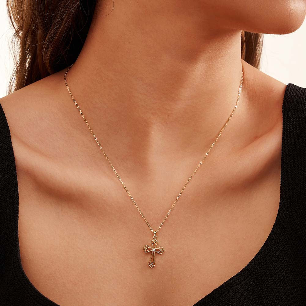 Gold Stainless Steel Celtic Knot Cross Necklace, Hollow Interwoven Cross with Center CZ Pendant