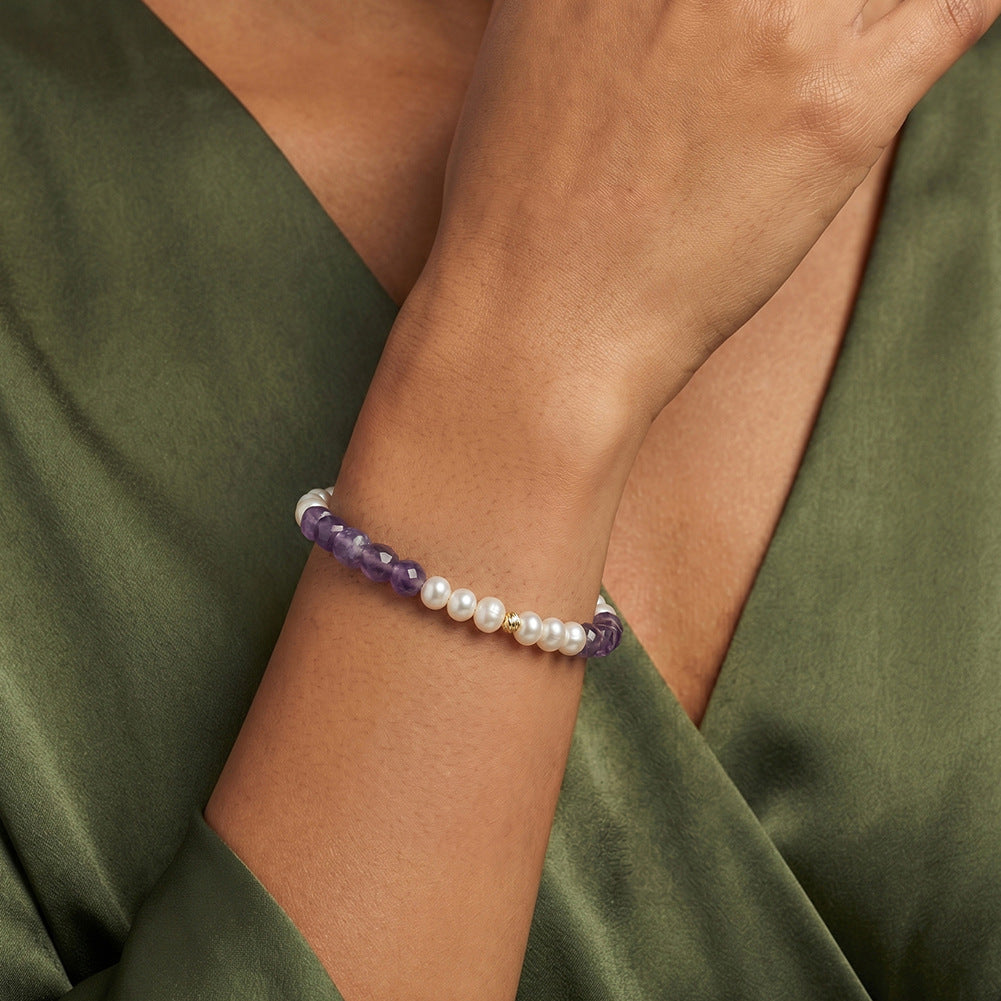 S925 Gold Plated Beaded Bracelet, Round Lustrous Freshwater Pearls and Faceted Cube Amethyst Beads, Dainty Beaded Design, Adjustable Extension Chain