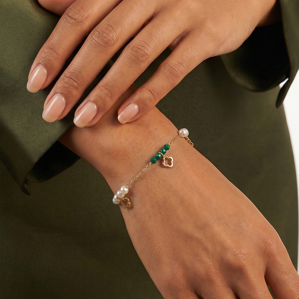 MPB24S925 Gold Plated Clover Pearl Bracelet, Dainty Cable Chain with Lustrous Freshwater Pearls & Green Malachite Beads, Hollow Four Leaf Clover Charms
