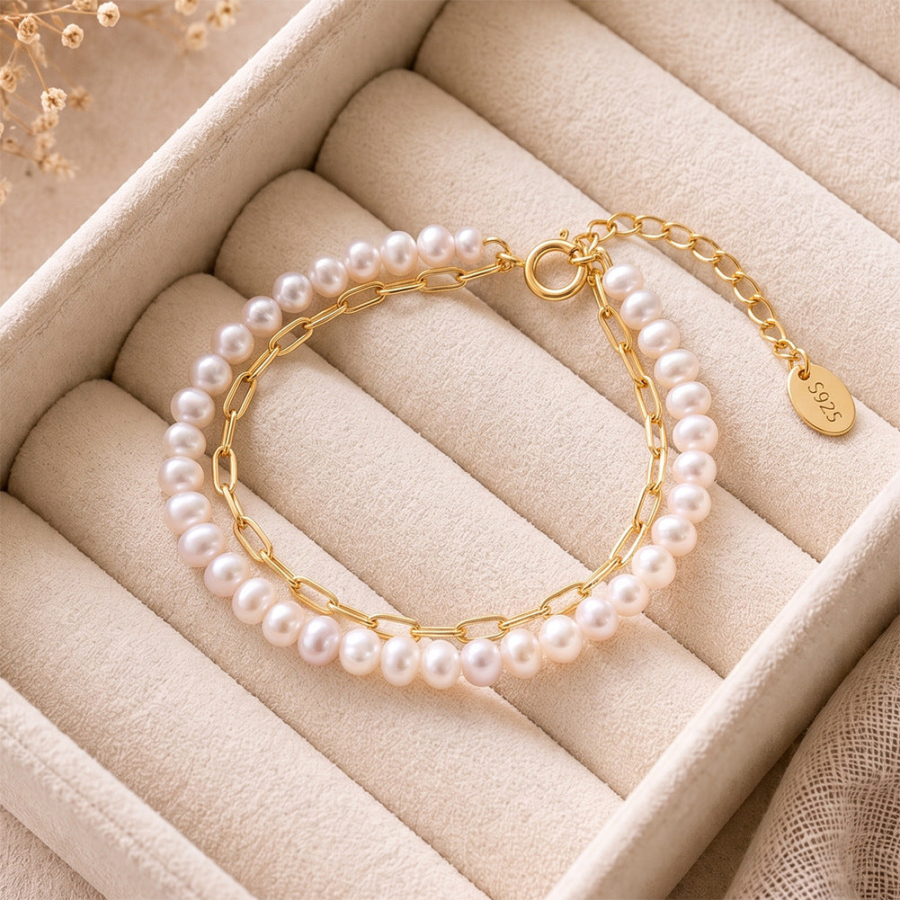 S925 Sterling Silver Double Layer Bracelet, Dainty Pastel Rice Freshwater Pearl Strand Paired with Paperclip Chain, Adjustable Extension Chain