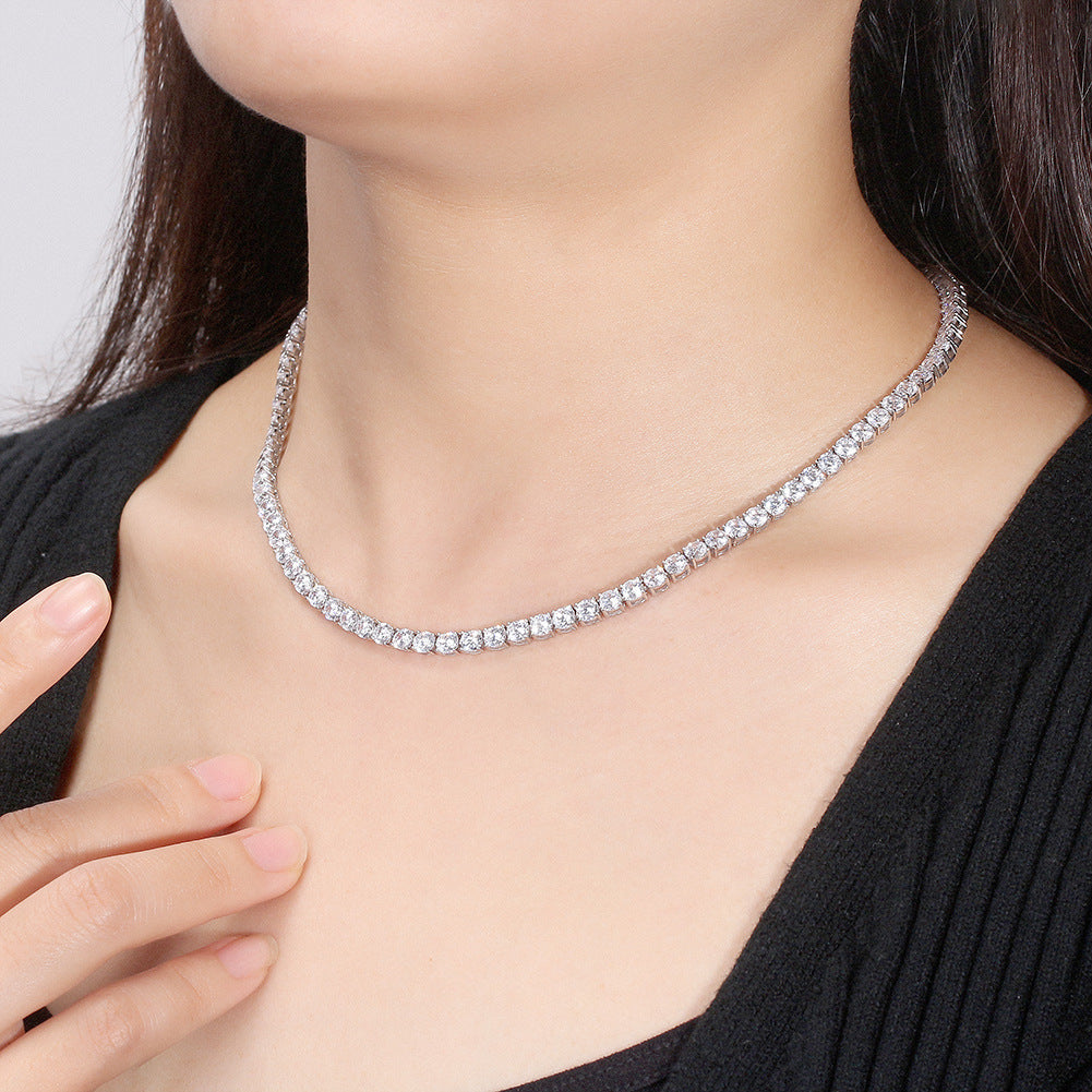 Silver Stainless Steel CZ Tennis Necklace, Round Cut Cubic Zirconia Full Stone Tennis Chain