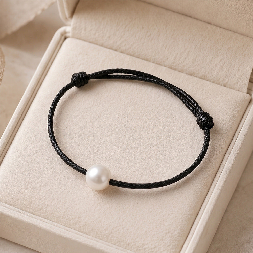Minimalist Black Wax Cord Bracelet, Single Lustrous Round Freshwater Pearl, Adjustable Sliding Knot Closure