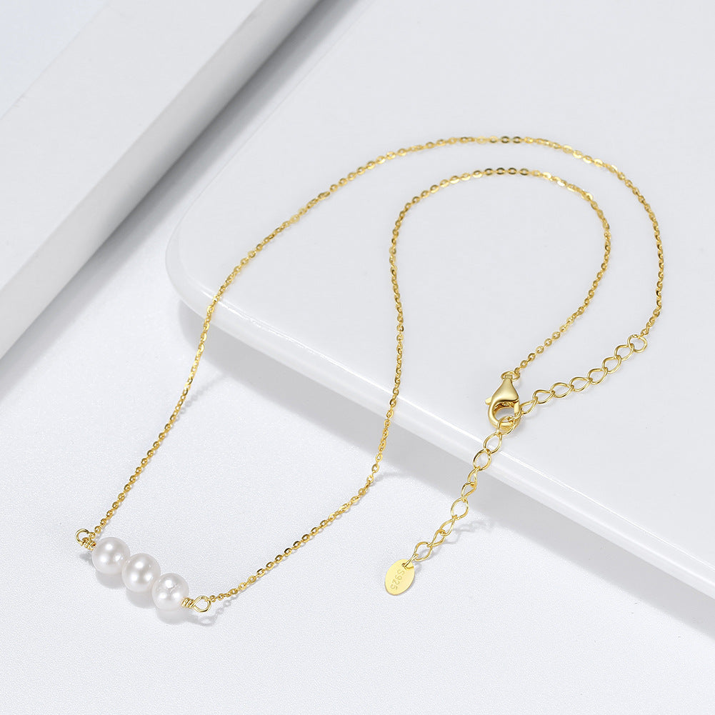 Gold Minimalist Horizontal Bar Necklace, Three Glossy Round Freshwater Pearls Side-by-Side on Thin Cable Chain