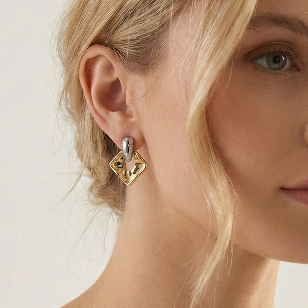 Two-Tone Stainless Steel Hammered Square Drop Earrings with Paved CZ Stones