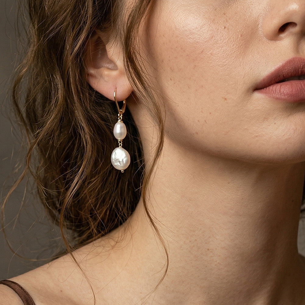S925 Sterling Silver Leverback Pearl Drop Earrings, Oval Rice Pearl and Coin Baroque Freshwater Pearl Two-Tier Dangle Earrings