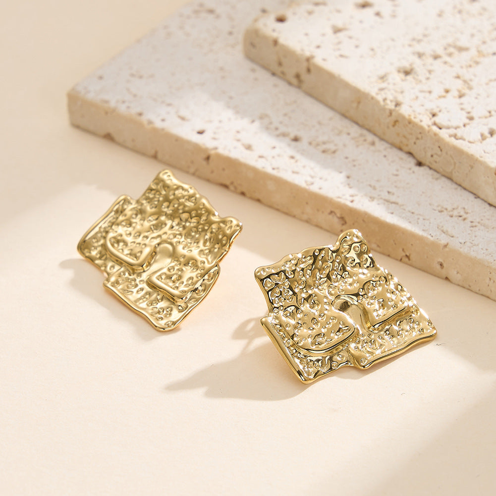 Silver Stainless Steel Hammered Textured Square Statement Stud Earrings