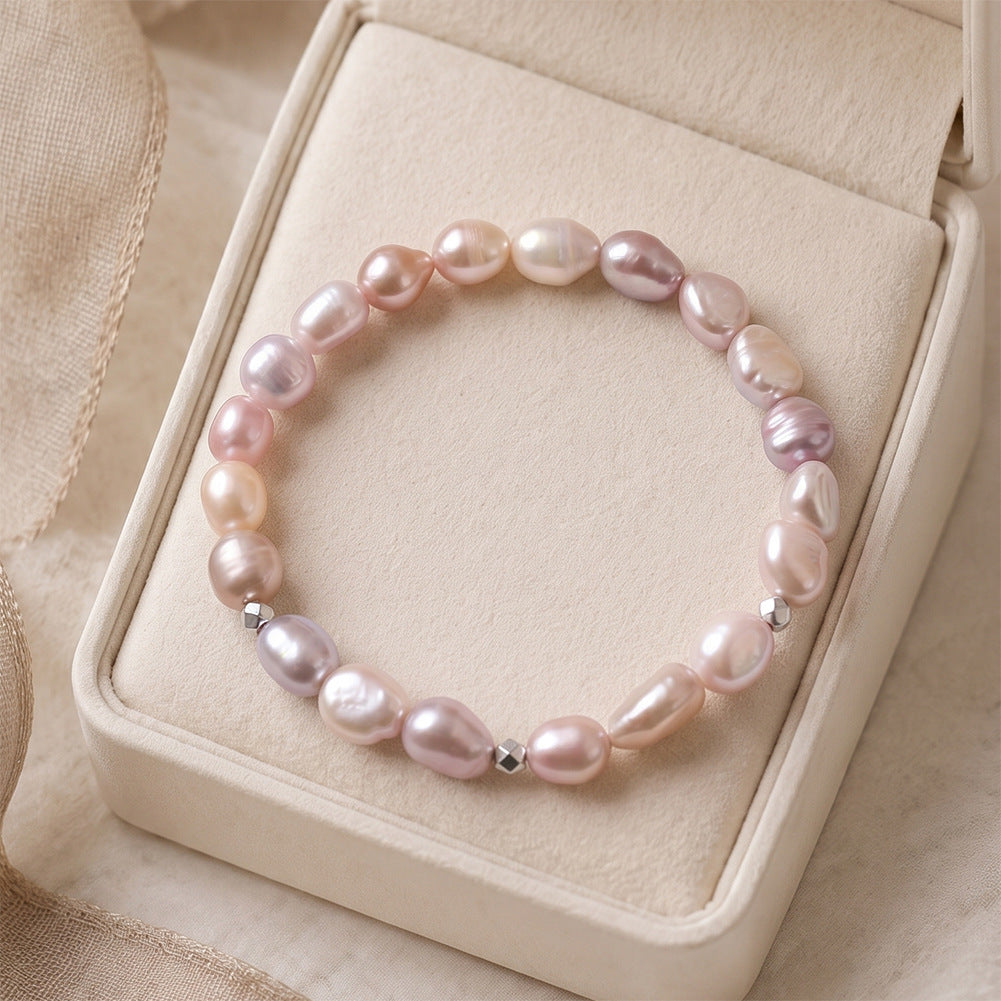 Stretch Beaded Bracelet, Pastel Pink Lavender Baroque Teardrop Freshwater Pearls with Faceted Silver Metal Accent Beads, Soft Iridescent Pearl Shine